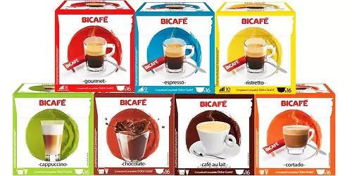 Pacotes de cápsulas Bicafé compatíveis com Nespresso.