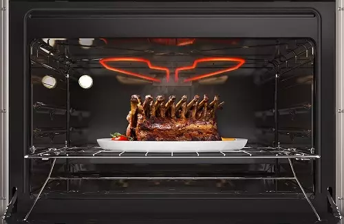 Visão interna de um fogão com grill quente e uma carne sendo torrada embaixo.
