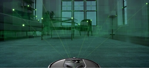 Ilustração mostrando robô aspirador mapeando ambiente através de sensores modernos.