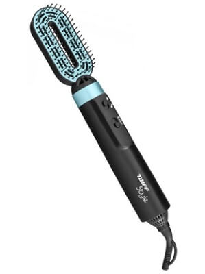 Escova Secadora preta com cabeçote azul claro redondo em formato de raquete com cerdas pequenas.