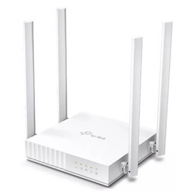 Roteador Wi-Fi branco, pequeno e alto com quatro antenas, duas em cada lateral.