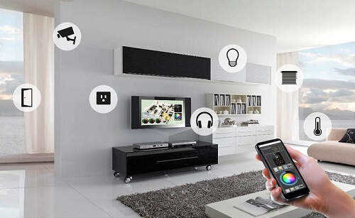 Ilustração mostrando sala de estar com diversos aparelhos ligados a uma rede wi-fi.