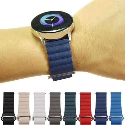 Exemplo de relógio inteligente com diversas cores de pulseiras disponíveis.