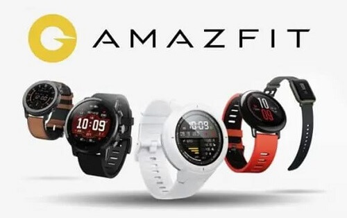 Cinco smartwatchs da marca Amazfit lado a lado.
