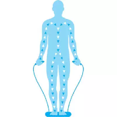 Silhueta humana mostrando a corrente elétrica da bioimpedância percorrendo o corpo.