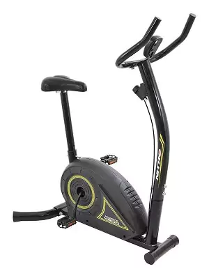 Bicicleta Ergométrica preta de base arredondada com visor médio e selim em espuma.
