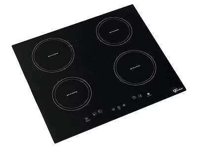 Cooktop com mesa vitrocerâmica preta, com zonas de cocção redondas e painel de controle digital centralizado a frente.